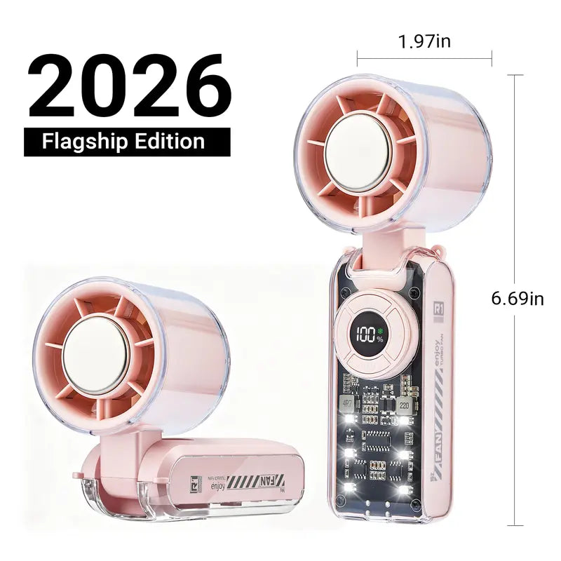 2026 Rechargeable Portable Handheld Fan with Cooling Plate, 199-Speed Adjustable Turbo Fan, Digital Display, 3600mAh Long Battery Life, 5-in-1 Neck & Desk Fan for Travel, Commute, Dorm and Office