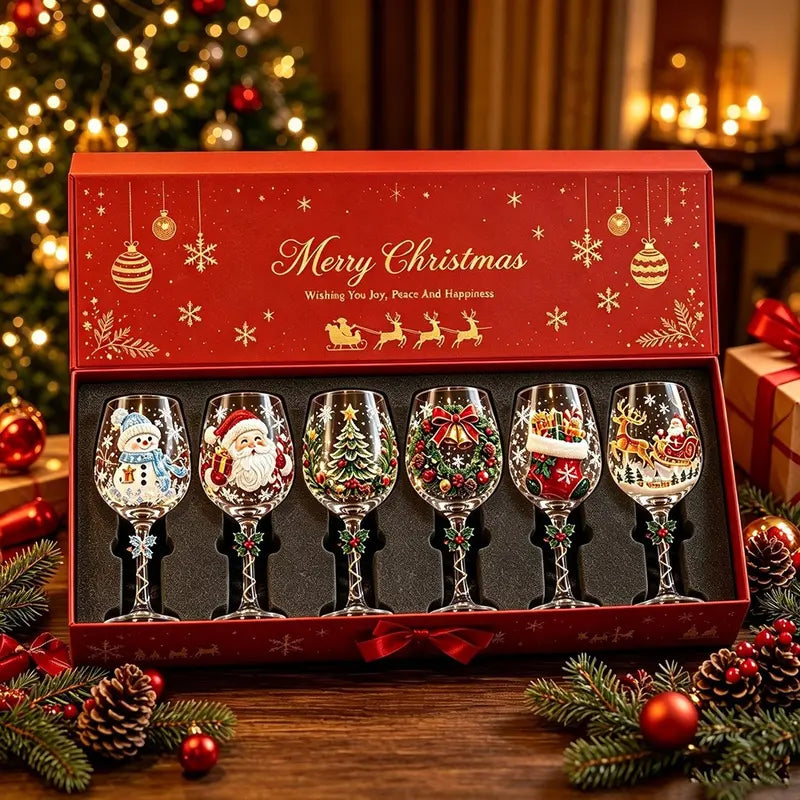 🎄6Pcs Christmas Wine Glasses Set Hand-Painted Relief Glassware with Red Gift Box - Holiday Party Decor & Xmas Gifts