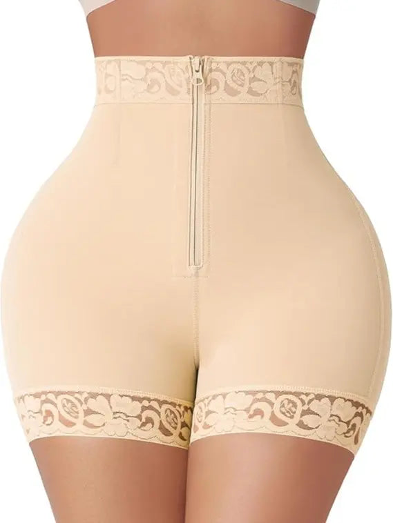 Women's High-Waist Shapewear Shorts with Tummy Control, Butt Lift & Adjustable Zipper, Solid Body Shaper with Lace Trim for Wedding, Activewear, Lightweight