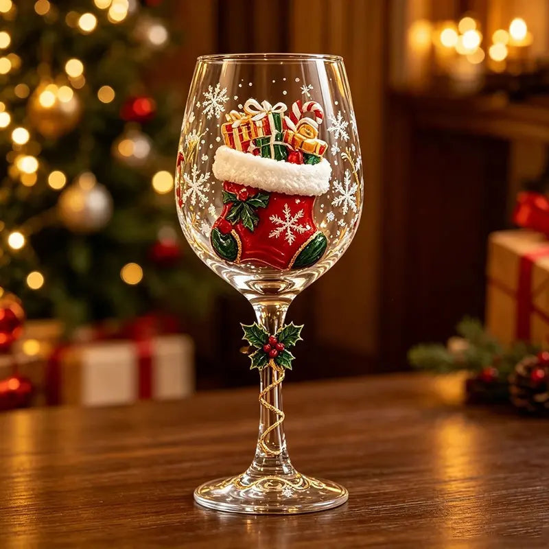 🎄6Pcs Christmas Wine Glasses Set Hand-Painted Relief Glassware with Red Gift Box - Holiday Party Decor & Xmas Gifts