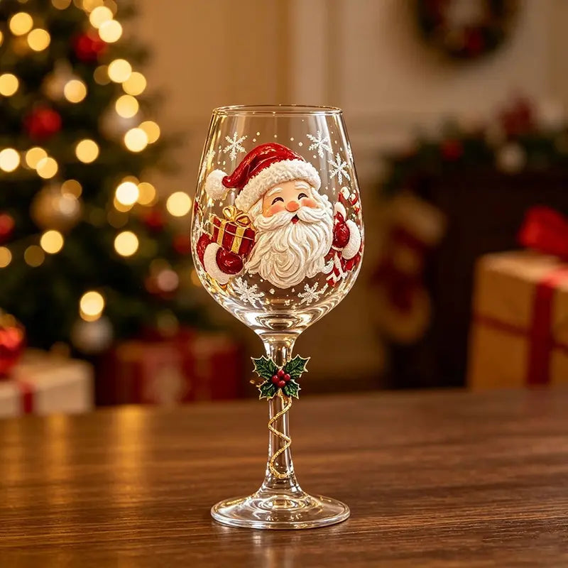 🎄6Pcs Christmas Wine Glasses Set Hand-Painted Relief Glassware with Red Gift Box - Holiday Party Decor & Xmas Gifts