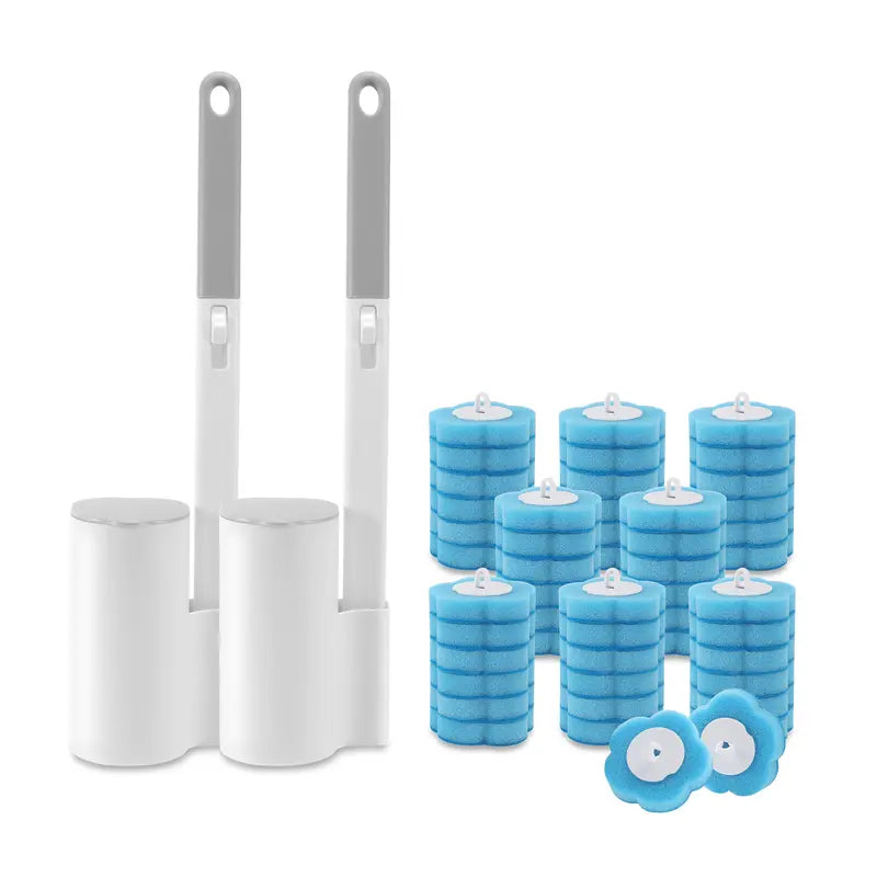 2-Pack Disposable Toilet Brush with Wall-Mount Holder & 48 Refills. Extended handle for hygienic cleaning, suitable for toilet, sink, bathtub, basin and urinal.
