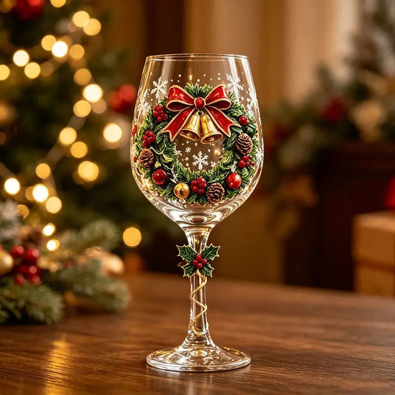 🎄6Pcs Christmas Wine Glasses Set Hand-Painted Relief Glassware with Red Gift Box - Holiday Party Decor & Xmas Gifts