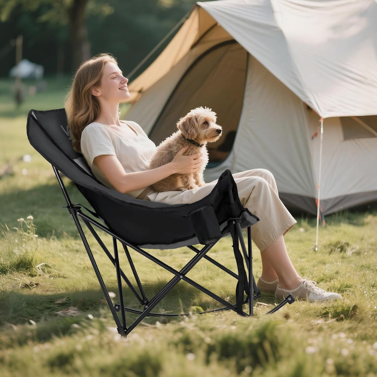 🎉 XUELEXORIN@ Foldable Rocking Moon Camping Chair, Padded Portable Rocker with Cup Pockets 🏕