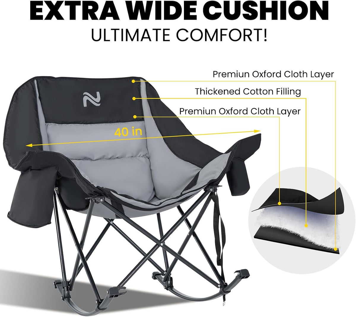 🎉 XUELEXORIN@ Foldable Rocking Moon Camping Chair, Padded Portable Rocker with Cup Pockets 🏕