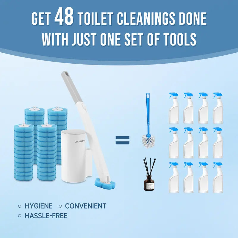 2-Pack Disposable Toilet Brush with Wall-Mount Holder & 48 Refills. Extended handle for hygienic cleaning, suitable for toilet, sink, bathtub, basin and urinal.