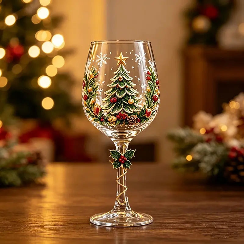 🎄6Pcs Christmas Wine Glasses Set Hand-Painted Relief Glassware with Red Gift Box - Holiday Party Decor & Xmas Gifts