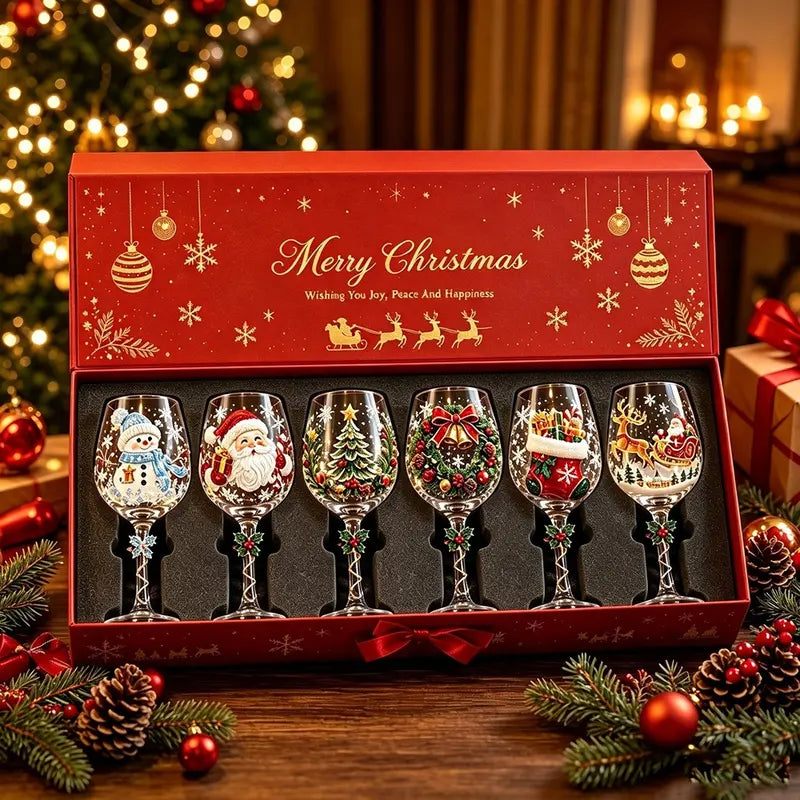🎄6Pcs Christmas Wine Glasses Set Hand-Painted Relief Glassware with Red Gift Box - Holiday Party Decor & Xmas Gifts