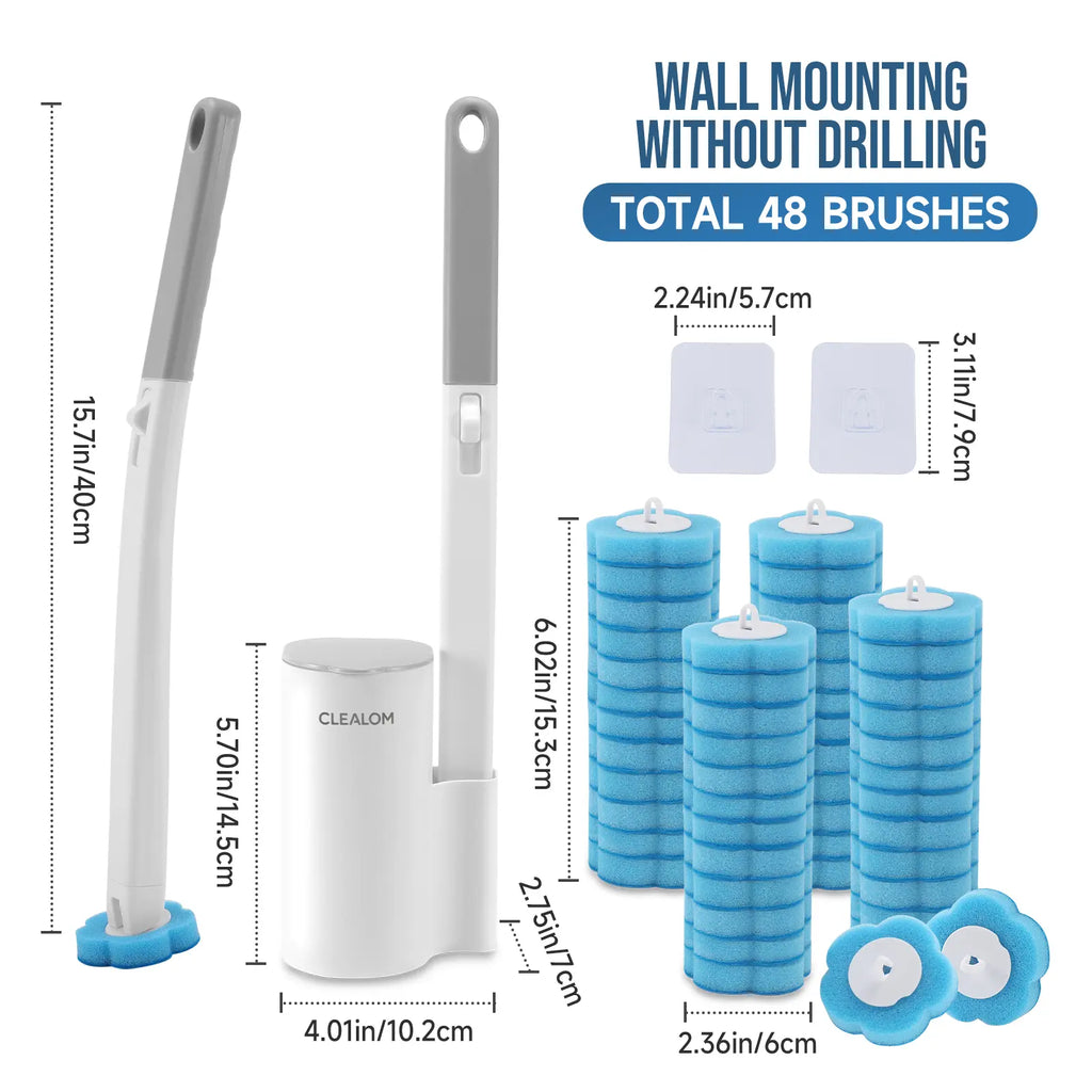 2-Pack Disposable Toilet Brush with Wall-Mount Holder & 48 Refills. Extended handle for hygienic cleaning, suitable for toilet, sink, bathtub, basin and urinal.